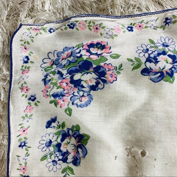 Vintage Handkerchief Floral 60s Cotton Blue Pink - Picture 5 of 6